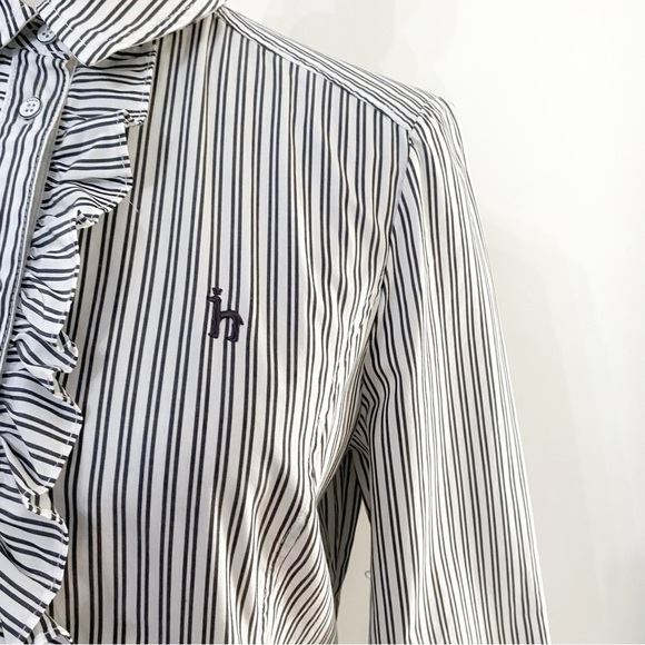 Hazzys WHITE GREY STRIPED BUTTON FRONT RUFFLE PLEATED SHIFT BOYFRIEND DRESS - Picture 5 of 11